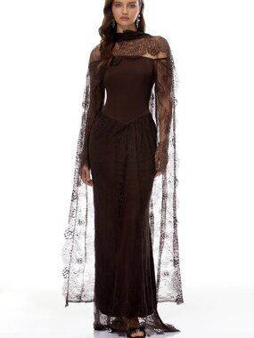 Miss Rosier Christa Brown Floral Lace Maxi Dress with Cape